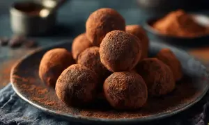 Une pile de truffes au chocolat saupoudrées de cacao, évoquant la douceur d'une truffe noix de coco.