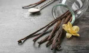 Un tas de gousses de vanille séchées débordent d'un bocal en verre, accompagnées d'une fleur de vanille jaune et d'une cuillère de sucre.
