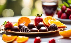 Assortiment de chocolats fins, fraises et quartiers d'orange, un délice pour les sens. L'orange au chocolat, une combinaison parfaite.