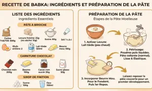 Recette de Babka : ingrédients essentiels, dont 500g de farine riche en gluten, et étapes de préparation de la pâte.