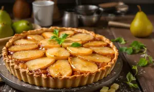Une délicieuse tarte aux poires, garnie de fines tranches de fruits caramélisés et d'une touche de menthe fraîche, prête à être dégustée.
