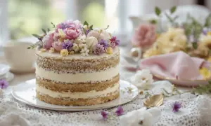 Gâteau naked cake avec crème fourrage, décoré de fleurs fraîches. Une table dressée pour un thé printanier.