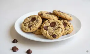 Assiette de délicieux cookies aux pépites de chocolat, des cookies sans oeuf parfaits pour tous les gourmands.