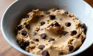 Pâte à cookie crue, riche en pépites de chocolat, dans un bol blanc. Une gourmandise tentante avant la cuisson.