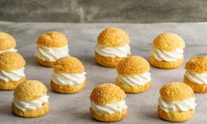 Douzaines de petits choux garnis de crème fouettée. Une recette de pâte à choux facile pour un dessert gourmand.