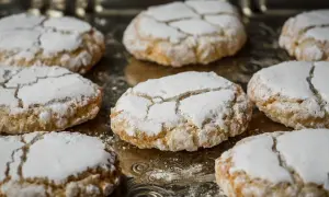 Biscuits craquelés saupoudrés de sucre glace, parfaits pour accompagner votre café. Recette facile pour faire de la poudre d'amande maison.