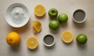 Ingrédients pour remplacer la pectine NH : poudre blanche, citrons, pommes vertes, graines de chia.