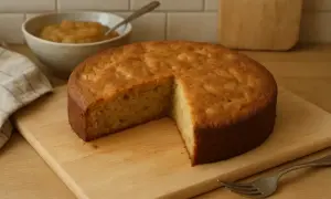 Gâteau moelleux, une alternative légère pour remplacer 100 g de beurre par compote. Servi avec une compote de pommes.