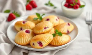 Assiette de biscuits madeleine framboise, décorés de feuilles de menthe. Des fraises et un bol de yaourt aux framboises sont en arrière-plan.