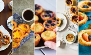 Collage de délicieux pasteis de nata, certains saupoudrés de sucre glace, d'autres garnis de fruits, accompagnés de cafés.