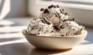 Un bol de glace stracciatella maison, parsemé de copeaux de chocolat noir. Une recette simple pour un plaisir gourmand.