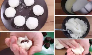 Préparation de boules de coco maison. On voit la pâte à former, des pépites de chocolat à cacher à l'intérieur, et les boules de coco prêtes à déguster.