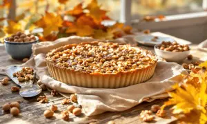 Une délicieuse tarte aux noix, garnie de caramel et de noix croquantes, sur une table en bois, entourée de feuilles d'automne.