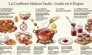 Guide pour faire sa confiture maison : fruits, sucre, cuisson, test d'assiette froide pour la gélification grâce à la pectine naturelle.