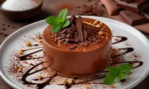 Un délicieux gâteau individuel au chocolat, garni de copeaux de chocolat noir et de menthe fraîche. Une œuvre d'art gourmande, comme des sablés au chocolat sublimés.