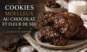 Gros plan sur des cookies moelleux au chocolat et fleur de sel, parfaits pour un goûter gourmand.
