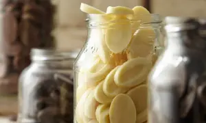 Des éclats de chocolat blanc dans un bocal, prêts pour la conservation chocolat maison. Des fèves de cacao dans d'autres bocaux en arrière-plan.