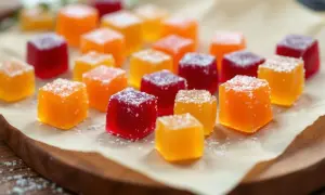 Des cubes de pâte de fruit colorés, rouges et orangés, saupoudrés de sucre, prêts à être dégustés. Une belle idée pour une recette facile.