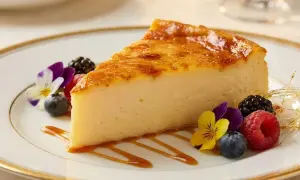Tranche de flan à la vanille, caramélisée et dorée, servie avec des fruits rouges, des fleurs comestibles et un filet de caramel sur une assiette élégante.