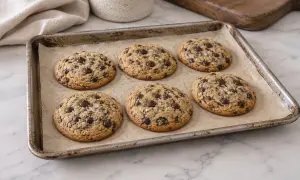 Six délicieux cookies aux pépites de chocolat sur une plaque de cuisson. Peut-être que le secret pour comprendre pourquoi mes cookies sont mous se trouve dans leur texture parfaite.