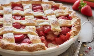 Tarte aux fraises et rhubarbe, une recette estivale parfaite. La pâte dorée cache un mélange fruité et acidulé, saupoudré de sucre glace.