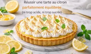 Une magnifique tarte au citron meringuée, garnie de pointes dorées et de feuilles de menthe, prête à être dégustée.