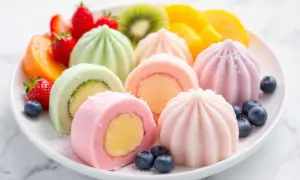 Assortiment coloré de mochis aux fruits, une recette mochi parfaite pour le dessert. Fraises, kiwis, pêches et myrtilles accompagnent ces délices.