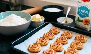Délicieux biscuits en forme de rose des sables dorés sur une plaque de cuisson, prêts à être dégustés.