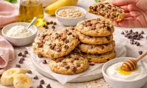 Délicieux cookies sans beurre aux pépites de chocolat, accompagnés de banane, d'avoine et de yaourt.