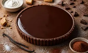 Une magnifique tarte au chocolat, brillante et gourmande, entourée de morceaux de chocolat, de vanille et de cacao en poudre.