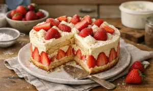 Gâteau rond à la crème pâtissière et fraises, décoré de fruits frais et de crème.