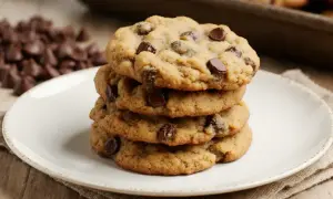 Pile de cookies aux pépites de chocolat, parfaits pour une recette cookies moelleux. Des pépites de chocolat en arrière-plan.