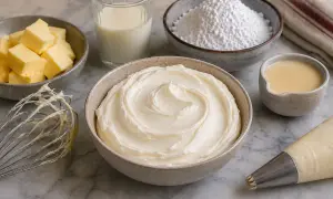 Préparation d'une crème onctueuse : lait, sucre glace, beurre en dés, et une belle crème pour remplacer beurre par creme fraiche.