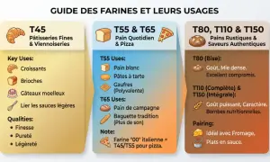 Guide des farines : T45 pour pâtisseries, T55/T65 pour pain/pizza, T80/T110/T150 pour pains rustiques. Le taux de gluten varie selon l'usage.