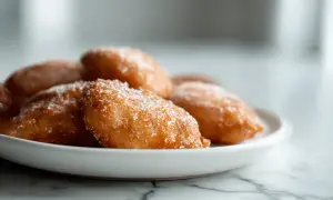 Une assiette de beignets aux pommes dorés, saupoudrés de sucre glace. Un délice croustillant et moelleux.