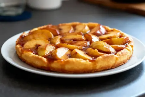 Une délicieuse tarte tatin aux pommes caramélisées, prête à être dégustée. Parfait pour une recette gourmande.