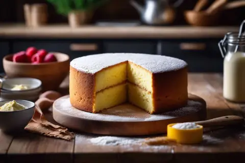 Gâteau génoise aérien, saupoudré de sucre glace, prêt à être garni. Les ingrédients pour cette recette genoise sont à proximité : framboises, œufs, lait.