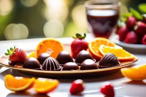 Assortiment de chocolats fins, fraises et quartiers d'orange, un délice pour les sens. L'orange au chocolat, une combinaison parfaite.