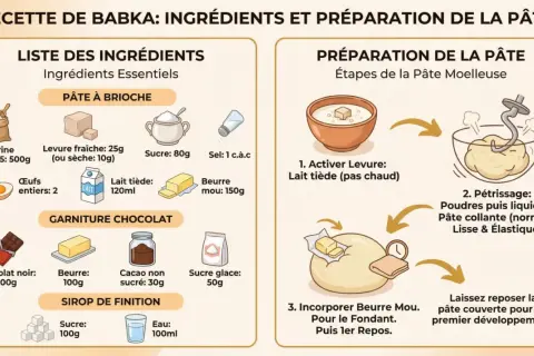 Recette de Babka : ingrédients essentiels, dont 500g de farine riche en gluten, et étapes de préparation de la pâte.