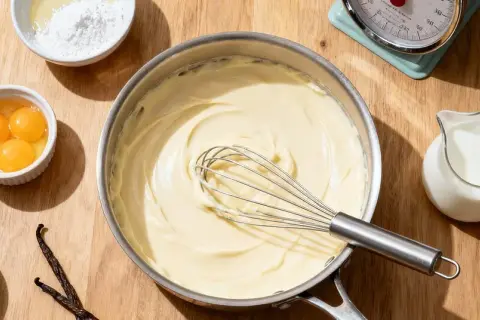 Une crème pâtissière liquide onctueuse dans une casserole, avec des ingrédients de pâtisserie disposés autour : œufs, sucre glace, lait, gousses de vanille et minuteur.