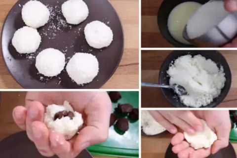 Préparation de boules de coco maison. On voit la pâte à former, des pépites de chocolat à cacher à l'intérieur, et les boules de coco prêtes à déguster.