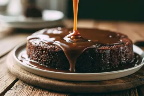 Un gâteau au chocolat moelleux est nappé d'un généreux caramel liquide, créant une cascade dorée et gourmande.