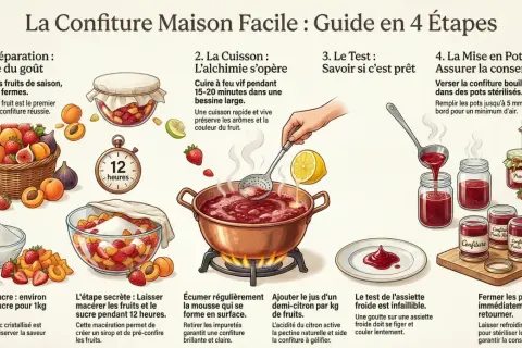 Guide pour faire sa confiture maison : fruits, sucre, cuisson, test d'assiette froide pour la gélification grâce à la pectine naturelle.
