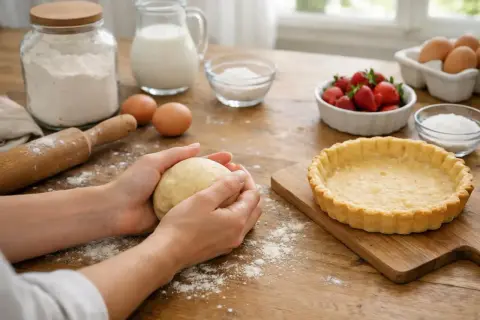 Mains façonnant une boule de pâte sablée crue. Sur la table, farine, œufs, lait, fraises et tartelette précuite. Idéal pour la conservation pâte sablée crue au frigo.