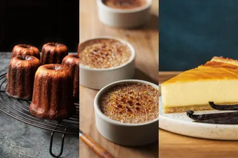 Canelés, crème brûlée et tarte au flan, des délices gourmands qui mettent en valeur la richesse du jaune d'oeuf.