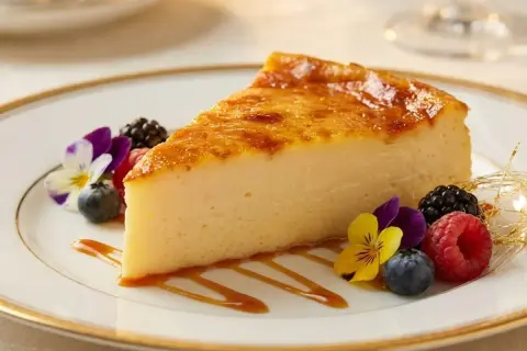 Tranche de flan à la vanille, caramélisée et dorée, servie avec des fruits rouges, des fleurs comestibles et un filet de caramel sur une assiette élégante.