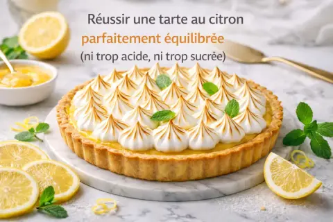 Une magnifique tarte au citron meringuée, garnie de pointes dorées et de feuilles de menthe, prête à être dégustée.