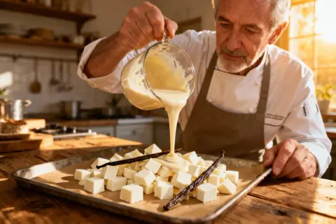 Un chef verse une ganache montée vanille sur des cubes de chocolat blanc et des gousses de vanille.