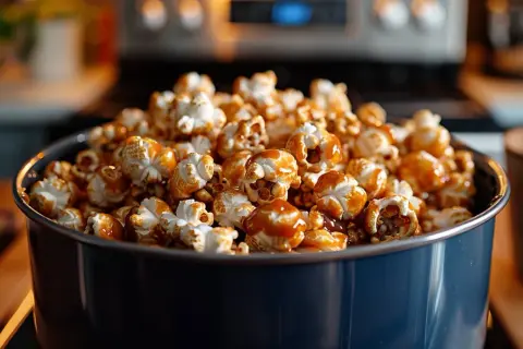 Un bol rempli de pop corn caramel, prêt à être dégusté.