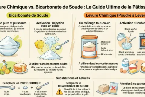 Pour remplacer la levure chimique, utilisez 1/4 c.à.c de bicarbonate de soude et 1/2 c.à.c d'acide (citron/vinaigre) par cuillère à café de levure.